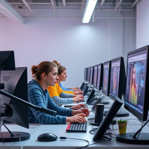 Alunos trabalhando em projetos de design gráfico em um computador