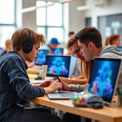 Alunos trabalhando na criaäão de um motion graphic animado
