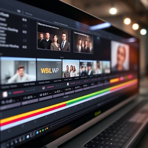 Ediäão de vídeo em um software profissional, mostrando a linha do tempo com várias faixas de áudio e vídeo