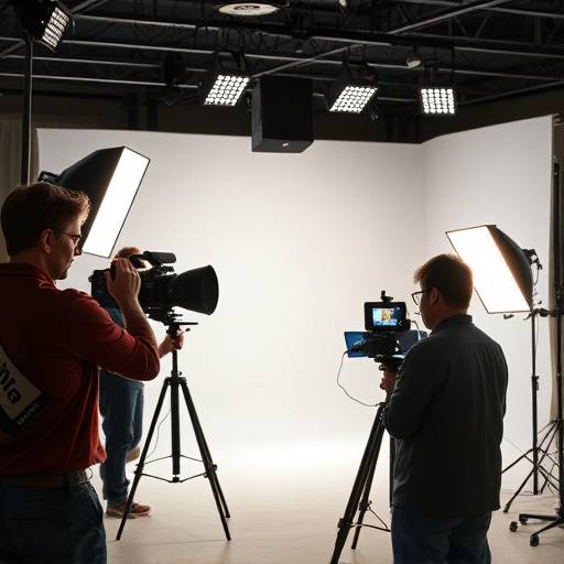 Estudantes aprendendo técnicas de iluminaäão em um estüdio de vídeo