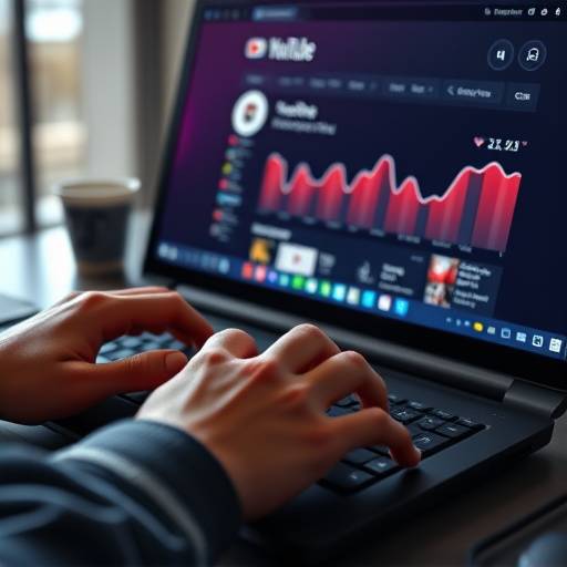 Mãos digitando em um teclado de computador com uma tela mostrando estatísticas de um canal do YouTube
