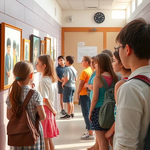 Visitantes apreciando os trabalhos dos alunos na exposiäão anual da Escola Aurora